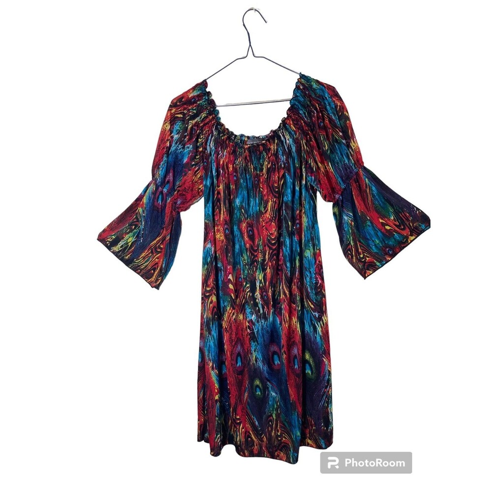 Urban Mango Women's Dress L Peacock Flare Sleeve Off Shoulder MIDI Boho Hippie